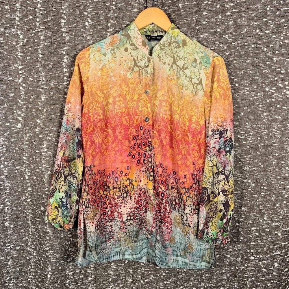 Vintage Citron Santa Monica Silk Button Up Blouse Artsy Boho Women's Large